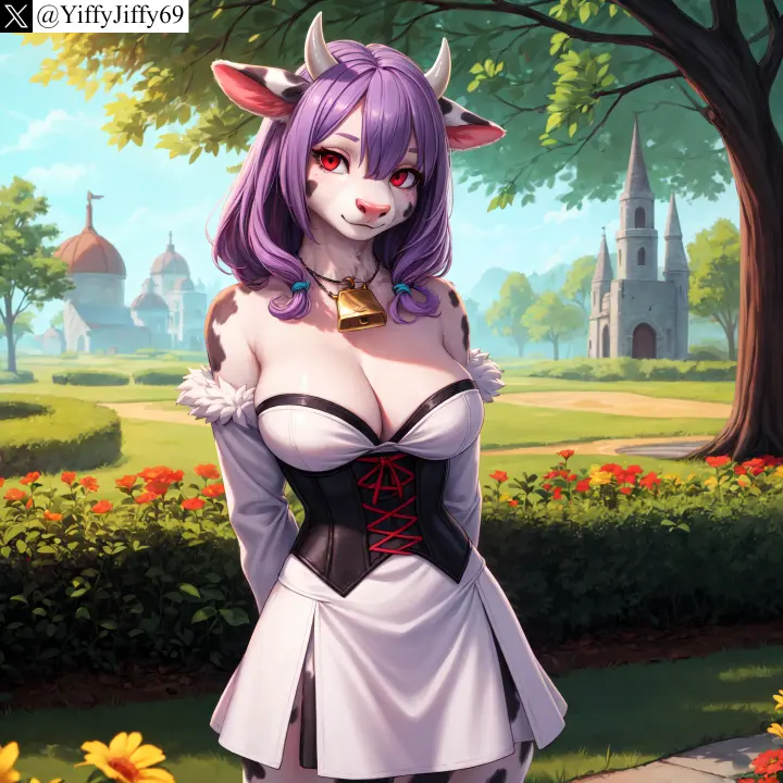 Image breasts,cowboy_shot,female,large_breasts,looking_at_viewer,red_eyes,smile,solo,animal_ears,bangs,watermark,horns,ai_generated,artist_name,bare_shoulders,cleavage,anthro,twitter,stable_diffusion,dress,detached_sleeves,purple_hair,outdoors,white_dress,flower,tree,corset,bovine,day,cow_ears,cow_horns,bell,arms_behind_back,twitter_username,yiffyjiffy69,cow