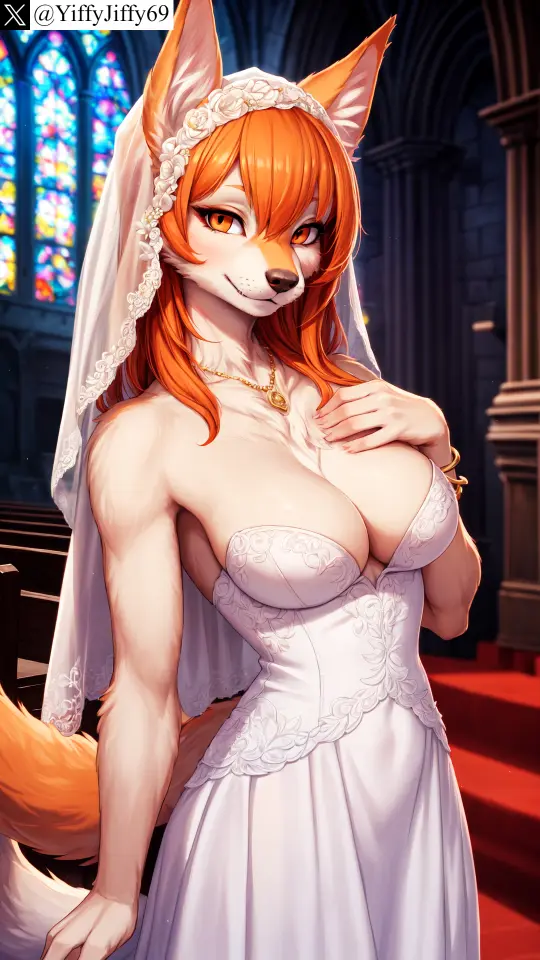 Image breasts,female,large_breasts,looking_at_viewer,smile,solo,animal_ears,tail,furry,orange_eyes,animal_ear_fluff,watermark,ai_generated,artist_name,cleavage,jewelry,orange_hair,anthro,furry_female,twitter,stable_diffusion,dress,necklace,indoors,hair_between_eyes,white_dress,canine,snout,fox_ears,fox_tail,body_fur,strapless,fox,church,hand_on_own_chest,twitter_username,wedding_dress,veil,yiffyjiffy69,stained_glass