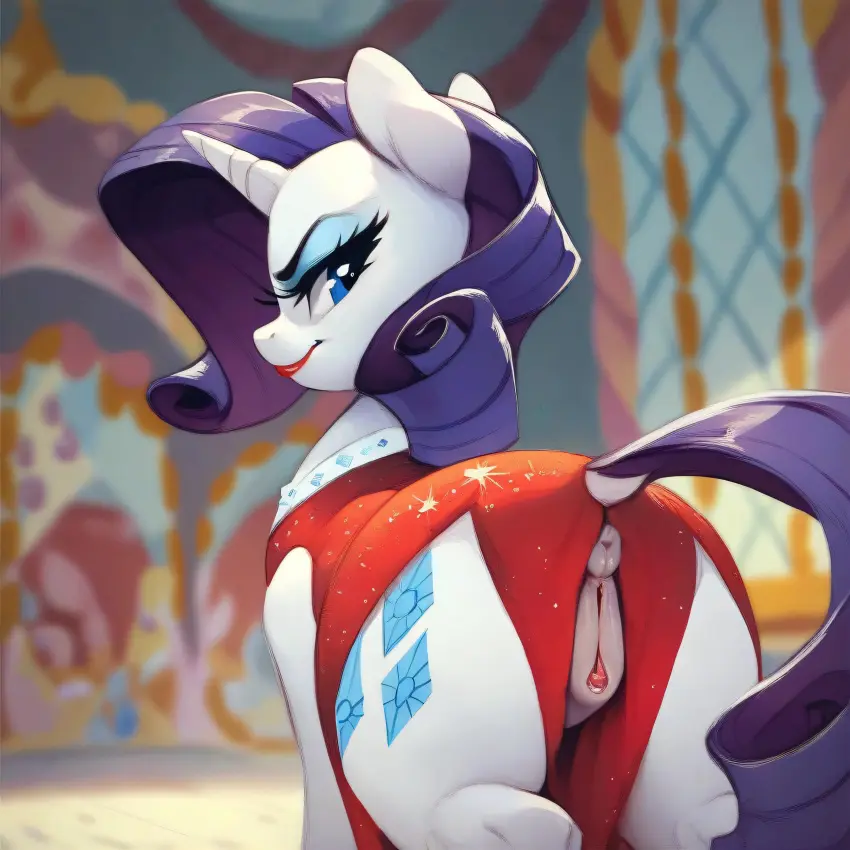 Image clothing,female,solo,tail,ass,ai_generated,anus,dress,purple_hair,mammal,horn,frown,lipstick,friendship_is_magic,hasbro,my_little_pony,feral,equid,equine,feral_only,horse,pony,quadruped,unicorn,rarity_(mlp)