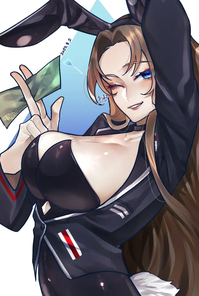 Image 1girls,big_breasts,blush,breasts,clothing,female,long_hair,open_clothes,blue_eyes,cleavage,one_eye_closed,wink,bunny_ears,holding_object,lipstick,bunny_tail,project_moon,limbus_company,rodion_(limbus_company)
