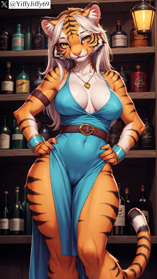 Image blush,breasts,female,large_breasts,long_hair,looking_at_viewer,no_bra,smile,solo,standing,white_hair,animal_ears,tail,yellow_eyes,furry,watermark,ai_generated,artist_name,collarbone,covered_nipples,jewelry,anthro,furry_female,twitter,stable_diffusion,dress,necklace,indoors,cameltoe,sleeveless,belt,covered_navel,feline,white_fur,blue_dress,tiger,twitter_username,bottle,hands_on_hips,bar,yiffyjiffy69,tiger_ears,tiger_girl,tiger_tail