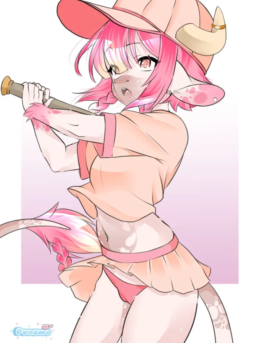 Image clothing,female,hi_res,solo,navel,panties,underwear,hat,headwear,sportswear,headgear,jewelry,hair,pink_hair,anthro,piercing,pink_eyes,miniskirt,skirt,fur,mammal,horn,ear_piercing,navel_piercing,bovid,bovine,uniform,pink_body,braided_hair,pink_fur,camel_toe,bottomwear,baseball_bat,baseball_cap,cattle,ring_(jewelry),horn_jewelry,bat_(object),baseball_uniform,horn_ring,belly_shirt,punsmo,teiko_(crimsir)