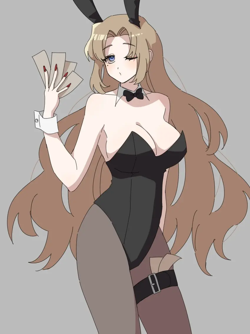 Image 1girls,big_breasts,blush,breasts,female,long_hair,looking_at_viewer,very_long_hair,blue_eyes,cleavage,one_eye_closed,brown_hair,bunny_ears,bunnysuit,corset,pantyhose,project_moon,limbus_company,rodion_(limbus_company)