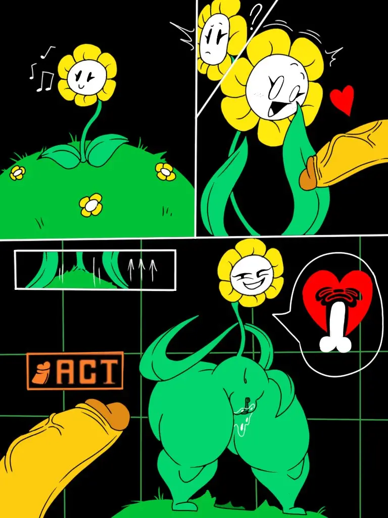 Image female,human,simple_background,smile,standing,male,penis,pussy,big_penis,thick_thighs,duo,wide_hips,eyelashes,grin,huge_cock,black_background,veiny_penis,monster,inviting,inviting_to_sex,ambiguous_gender,hand_on_hip,comic,genital_fluids,bodily_fluids,genitals,mammal,yellow_body,black_eyes,flower,green_body,disembodied_penis,vein,huge_thighs,plant,heart_symbol,undertale,rule_63,yellow_skin,elemental_creature,vaginal_fluids,undertale_(series),gameplay_mechanics,grass,offscreen_character,huge_hips,pattern_background,flora_fauna,leaf,noseless,flowey_the_flower,frisk_(undertale),japansadface,green_pussy,leaf_arms,geometric_background,requesting,flower_creature,grid_background,yellow_petals
