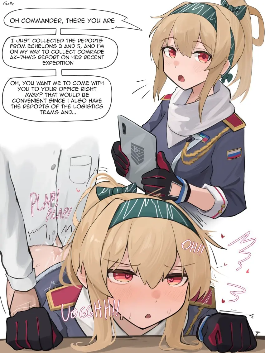 Image 1girls,blush,female,highres,red_eyes,1boy,absurdres,black_gloves,gloves,heart-shaped_pupils,male,sidelocks,straight,symbol-shaped_pupils,female_focus,sex,doggy_style,from_behind,blonde_hair,pussy_juice,2_panel_comic,2koma,comic,heart,english_text,comic_panel,blonde_hair_female,girls'_frontline,fucked_from_behind,military_uniform,high_ponytail,scarf,uniform,commander_(girls'_frontline),before_and_after,clothed_sex,instant_loss_2koma,hearts,military,taken_from_behind,white_scarf,plap_(sound),bent_over_table,instant_loss,female_soldier,flag_print,flag,authority_abuse,epaulettes,gamryous,power_imbalance,russia,russian_flag,russian_girl,sv-98_(girls'_frontline),sv-98_(girls_frontline)