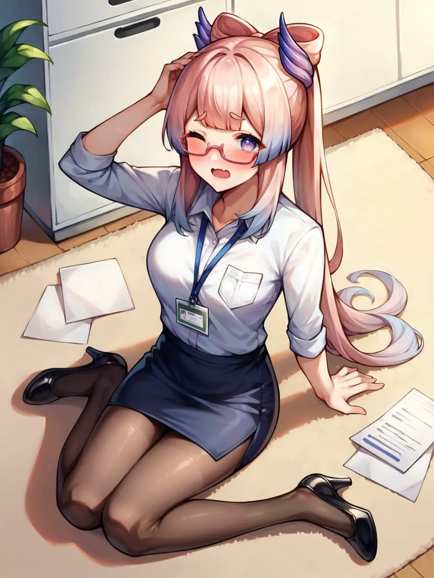 Image 1girls,blush,breasts,collared_shirt,female,long_hair,looking_at_viewer,open_mouth,ponytail,embarrassed,ai_generated,glasses,pink_hair,medium_breasts,pink_eyes,from_above,one_eye_closed,sitting,genshin_impact,indoors,miniskirt,high_heels,white_shirt,alternate_costume,arm_support,carpet,blue_skirt,pantyhose,office,black_footwear,on_floor,sangonomiya_kokomi,office_lady,wariza,semi-rimless_eyewear,id_card,fallen_down,paper,potted_plant,bow-shaped_hair,pencil_skirt,aimoonshine,breast_pocket,hand_on_own_head,pink-framed_eyewear