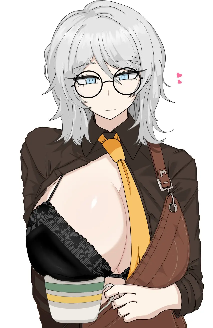 Image 1girls,big_breasts,breasts,clothing,female,looking_at_viewer,open_clothes,smile,white_hair,blue_eyes,short_hair,bra,underwear,cleavage,glasses,apron,sagging_breasts,cup,project_moon,limbus_company,faust_(limbus_company)