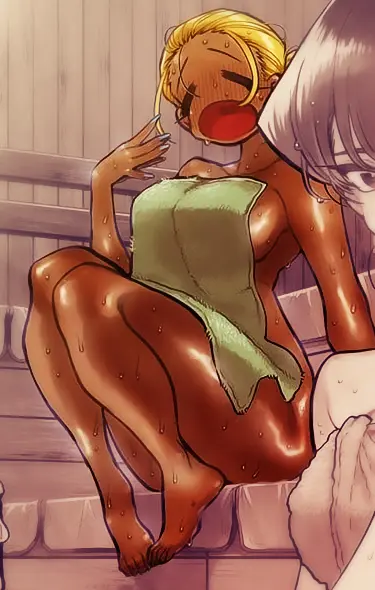 Image big_breasts,breasts,female,open_mouth,shiny_skin,sweat,thick_thighs,wide_hips,feet,blonde_hair,sitting,tied_hair,closed_eyes,dark-skinned_female,sweatdrop,hourglass_figure,thin_waist,sweating,blush_lines,third-party_edit,almost_nude,towel_only,non-web_source,gyaru,komi-san_wa_komyushou_desu,komi_shouko,original_artwork,yawning,bleached_blonde_hair,manbagi_rumiko,spa,tomohito_oda