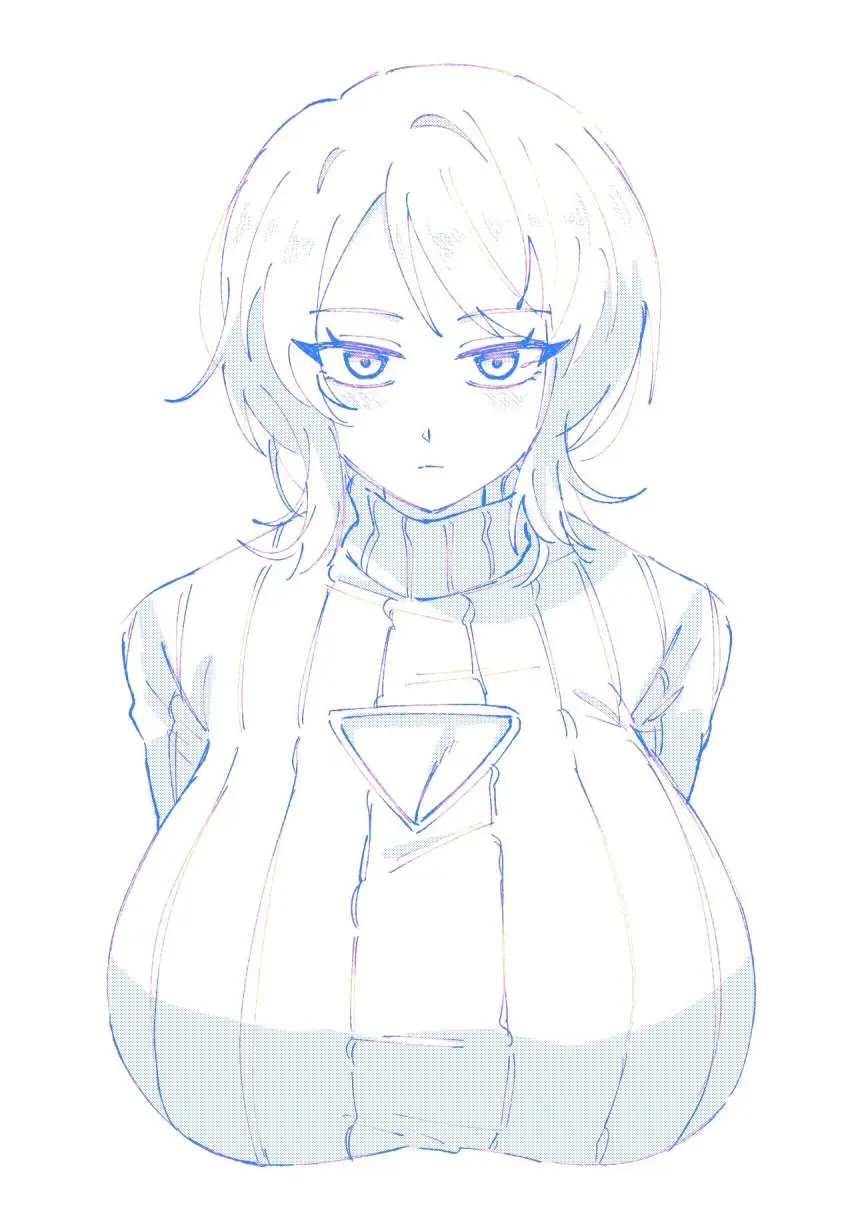 Image 1girls,big_breasts,breasts,clothing,female,looking_at_viewer,short_hair,cleavage,monochrome,turtleneck,project_moon,limbus_company,faust_(limbus_company)
