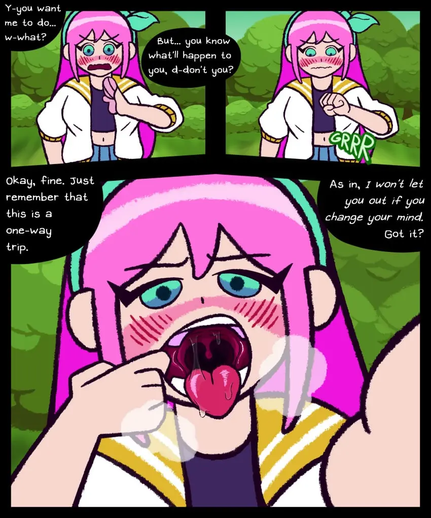 Image open_mouth,tongue,teeth,aubrey_(omori),omori,sunny_(omori),vore,digestion,reluctant,willing_prey,fetish,hungry,mawshot,clunkyghost,stomach_growling