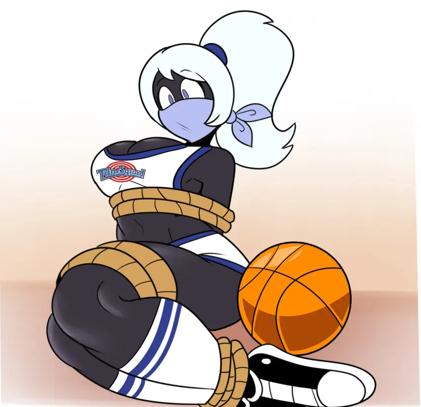 Image female,white_hair,athletic,purple_eyes,black_skin,black_body,athletic_female,alien,alien_girl,bound,gagged,bound_ankles,gagged_female,looney_tunes,warner_brothers,alien_humanoid,bound_arms,duck_dodgers,martian,martian_(duck_dodgers),queen_tyr'ahnee,bound_legs,superspoe,space_jam,basketball_uniform,basketball