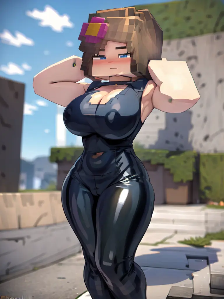 Image 1girls,big_breasts,blush,breasts,female,solo,ai_generated,dress,minecraft,hourglass_figure,nipples_visible_through_clothing,jenny_belle_(slipperyt)