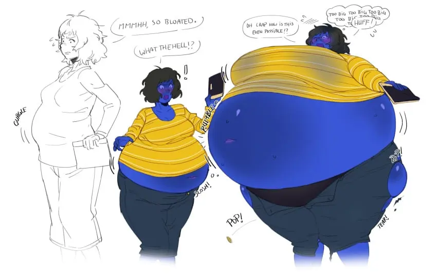 Image 1girls,female,belly,text,blueberry_inflation,inflation,speech_bubble,talking,text_bubble,persona,persona_5,thought_bubble,blue_skin,ripped_clothing,belly_expansion,sadayo_kawakami,talking_to_self,milk10pm