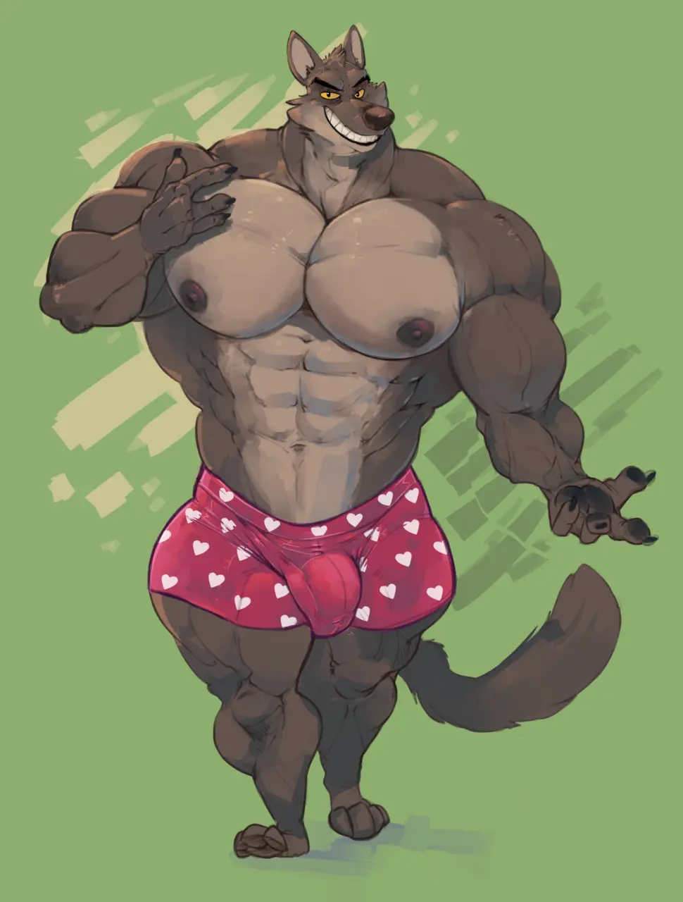 Image clothed,clothing,hi_res,looking_at_viewer,nipples,simple_background,smile,solo,standing,male,navel,underwear,thick_thighs,barefoot,muscular,muscular_male,areola,feet,male_only,eyebrows,teeth,anthro,bulge,topless,underwear_only,canid,canine,canis,fur,mammal,wolf,biceps,claws,muscular_anthro,pecs,2024,abs,front_view,green_background,big_muscles,tuft,big_bulge,heart_symbol,walking,hyper,topless_male,pawpads,pattern_clothing,dreamworks,abstract_background,the_bad_guys,universal_studios,obliques,deltoids,huge_muscles,hyper_muscles,pattern_underwear,heart_clothing,heart_underwear,mr._wolf_(the_bad_guys),serratus,topless_anthro,hewge