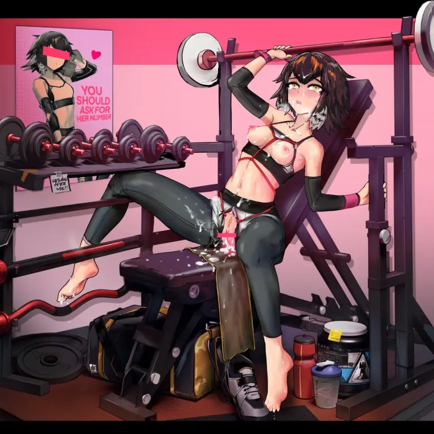 Image blush,breasts,breasts_out,female,highres,nipples,solo,white_hair,cum,navel,pussy,short_hair,yellow_eyes,small_breasts,barefoot,multicolored_hair,arknights,sports_bra,bare_shoulders,midriff,cum_in_pussy,facial,artist_request,bukkake,censored,after_sex,brown_hair,pubic_hair,hair_between_eyes,cum_on_body,bar_censor,commentary_request,official_alternate_costume,english_text,cum_on_feet,female_pubic_hair,bondage,bird_girl,feather_hair,shoes,crop_top,bound,leggings,cup,barbell,black_leggings,jar,bench_press,pubic_feathers,dumbbell,unworn_shoes,white_sports_bra,shibari_over_clothes,compression_sleeve,leggings_under_shorts,plume_(arknights),plume_(easy_time)_(arknights),zarathuta