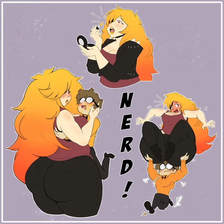 Image 1girls,blush,female,1boy,male,big_butt,thick_thighs,freckles,cleavage,orange_hair,thick_ass,couple,nerd,lipstick,kissing,carrying,jeans,not_porn,kiss_marks,nerd_(nerd_and_jock),nerd_and_jock_(webcomic),tiger_(nerd_and_jock),danscarf,yellow_lipstick