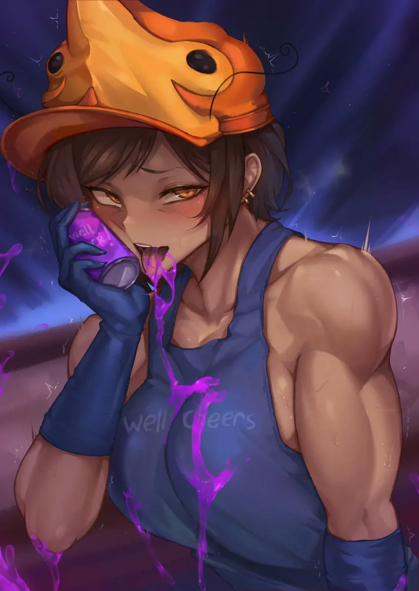 Image 1girls,big_breasts,blush,breasts,clothing,female,looking_at_viewer,gloves,licking,short_hair,yellow_eyes,dark_skin,muscular,overalls,tan_body,brown_hair,soda_can,project_moon,soda,limbus_company,outis_(limbus_company),tresmarrow