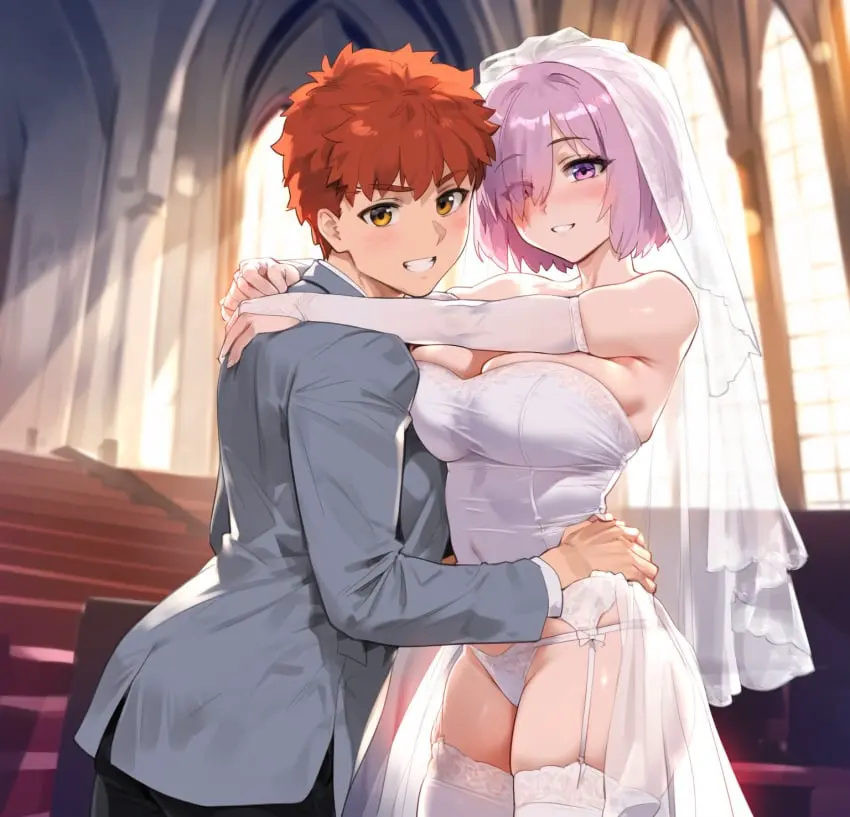 Image 1girls,blush,breasts,female,light-skinned_female,looking_at_viewer,smile,1boy,male,red_hair,thick_thighs,ai_generated,pink_hair,fate_(series),fate/stay_night,wedding_dress,wedding_veil,half_naked,fate/grand_order,mash_kyrielight,wedding_lingerie,truck_kun,emiya_shirou,shielder_(fate/grand_order)