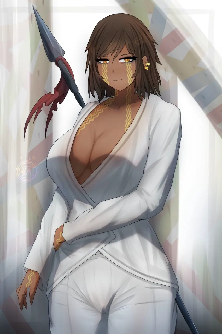 Image 1girls,big_breasts,blush,breasts,female,smile,short_hair,yellow_eyes,voluptuous,dark_skin,cleavage,tan_body,ear_piercing,markings,visible_nipples,spear,project_moon,limbus_company,outis_(limbus_company),oni-boni