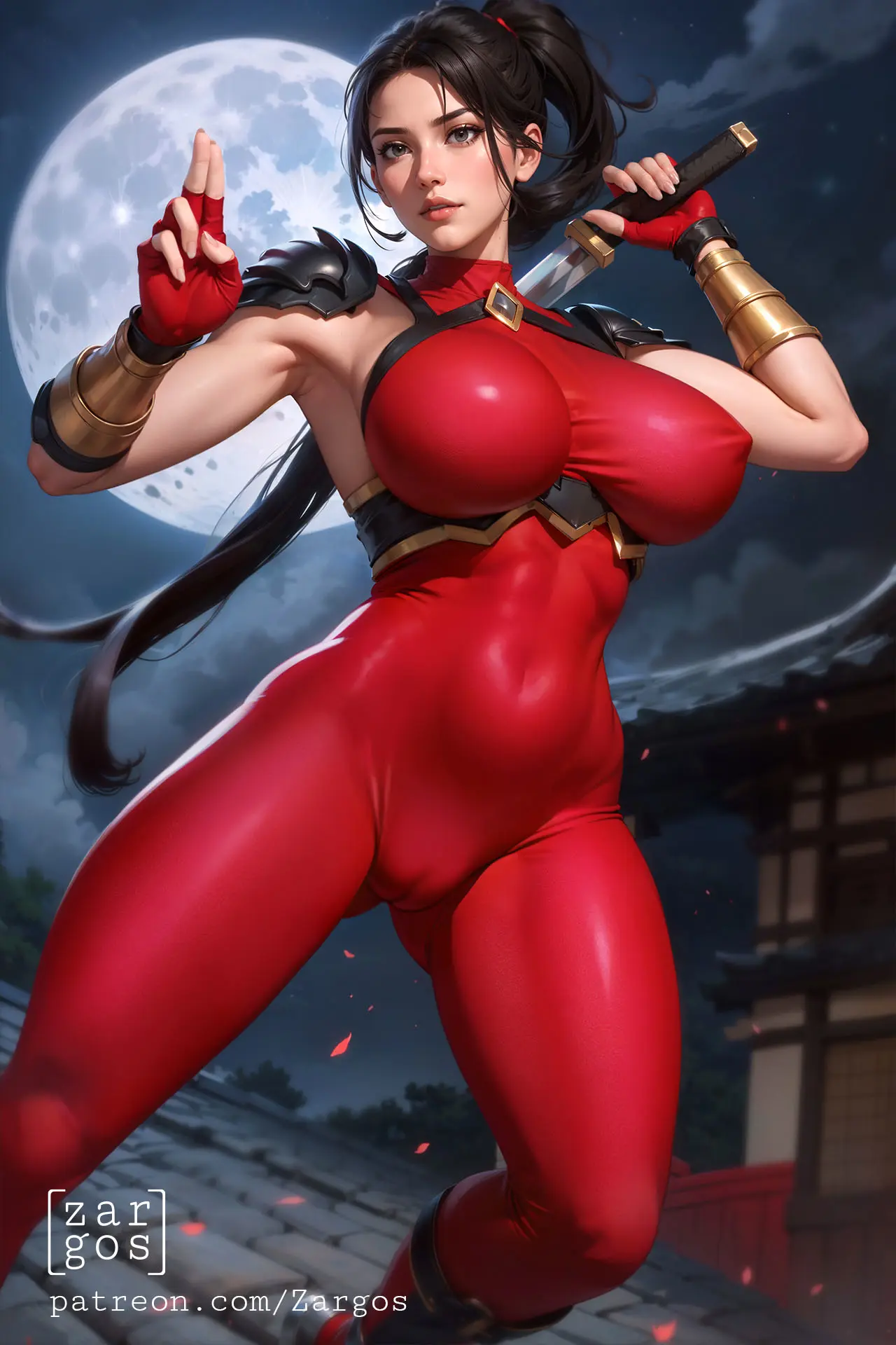 Image big_breasts,breasts,female,long_hair,looking_at_viewer,black_hair,thick_thighs,ai_generated,stable_diffusion,cameltoe,asian,asian_female,ninja,kunoichi,red_clothing,sword,soul_calibur,namco,taki,zargos