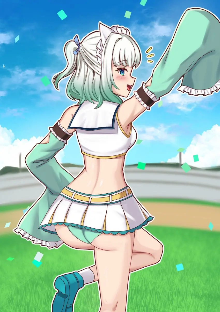 Image 1girls,blush,female,female_only,hi_res,highres,looking_at_viewer,solo,white_hair,blue_eyes,panties,ass,looking_back,gradient_hair,ponytail,virtual_youtuber,armpits,bare_shoulders,solo_female,solo_focus,legs,detached_sleeves,back,green_hair,skirt,revealing_clothes,maid_headdress,ass_focus,back_view,butt,fully_clothed,indie_virtual_youtuber,exposed_shoulders,bare_legs,cheerleader,cheerleader_uniform,short_skirt,butt_focus,bare_back,viewed_from_behind,green_panties,confetti,exposed_back,maid_mint,mint_fantome,xanadu_avici,xanaduavici