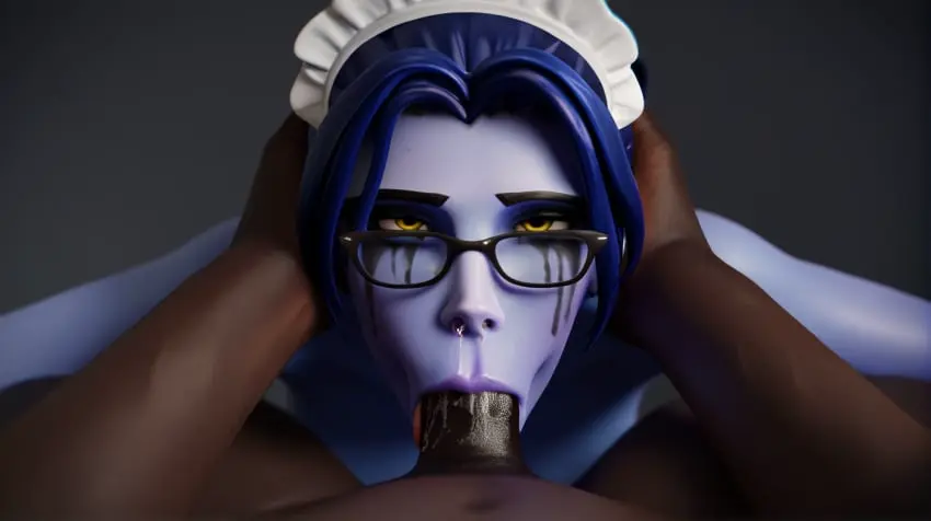 Image 1girls,female,1boy,male,oral,penis,tongue_out,tongue,dark-skinned_male,ai_generated,glasses,blowjob,deepthroat,maid,maid_headdress,overwatch,overwatch_2,:>=,head_grab,widowmaker,minority,tight_throat