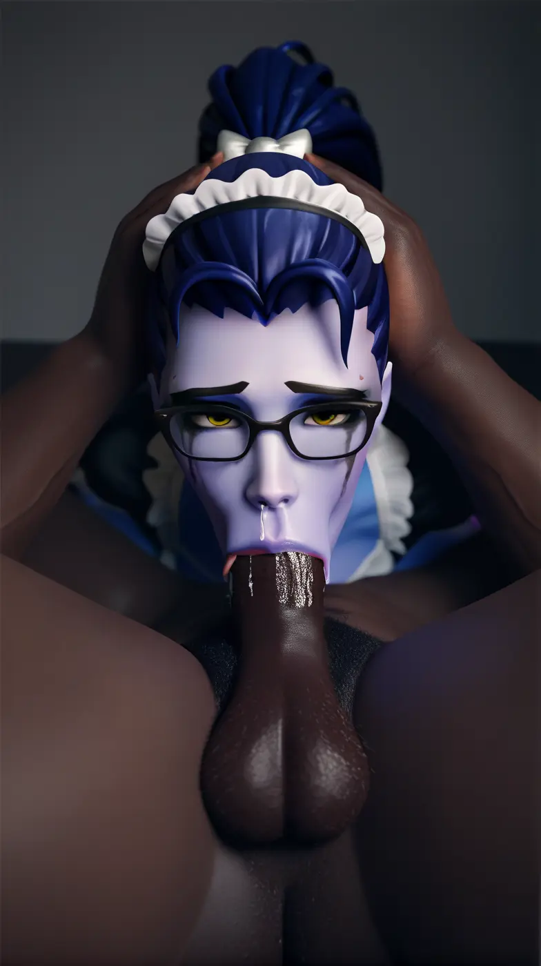 Image 1girls,female,1boy,male,oral,penis,tongue_out,dark-skinned_male,ai_generated,balls,glasses,blowjob,deepthroat,maid,maid_uniform,maid_headdress,runny_makeup,throat_fuck,69,69_position,overwatch,overwatch_2,blowjob_face,head_grab,widowmaker,minority,tight_throat