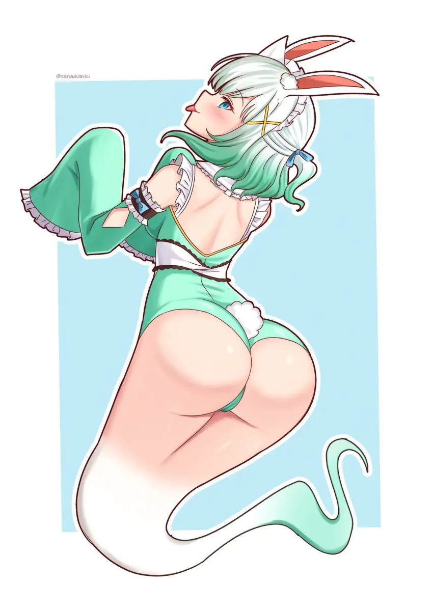 Image 1girls,blush,female,hi_res,highres,looking_at_viewer,solo,white_hair,animal_ears,blue_eyes,short_hair,tongue_out,tongue,ass,bubble_ass,bubble_butt,looking_back,thighs,gradient_hair,virtual_youtuber,bare_shoulders,bare_thighs,round_ass,round_butt,solo_female,solo_focus,tied_hair,bunny_ears,detached_sleeves,back,green_hair,maid_outfit,maid_headdress,ass_focus,bunny_tail,bunnysuit,back_view,butt,indie_virtual_youtuber,exposed_shoulders,ghost_tail,butt_focus,ghost_girl,bare_back,x_hair_ornament,viewed_from_behind,exposed_back,maid_mint,mint_fantome,xanadu_avici,xanaduavici,no_feet,combined_outfit
