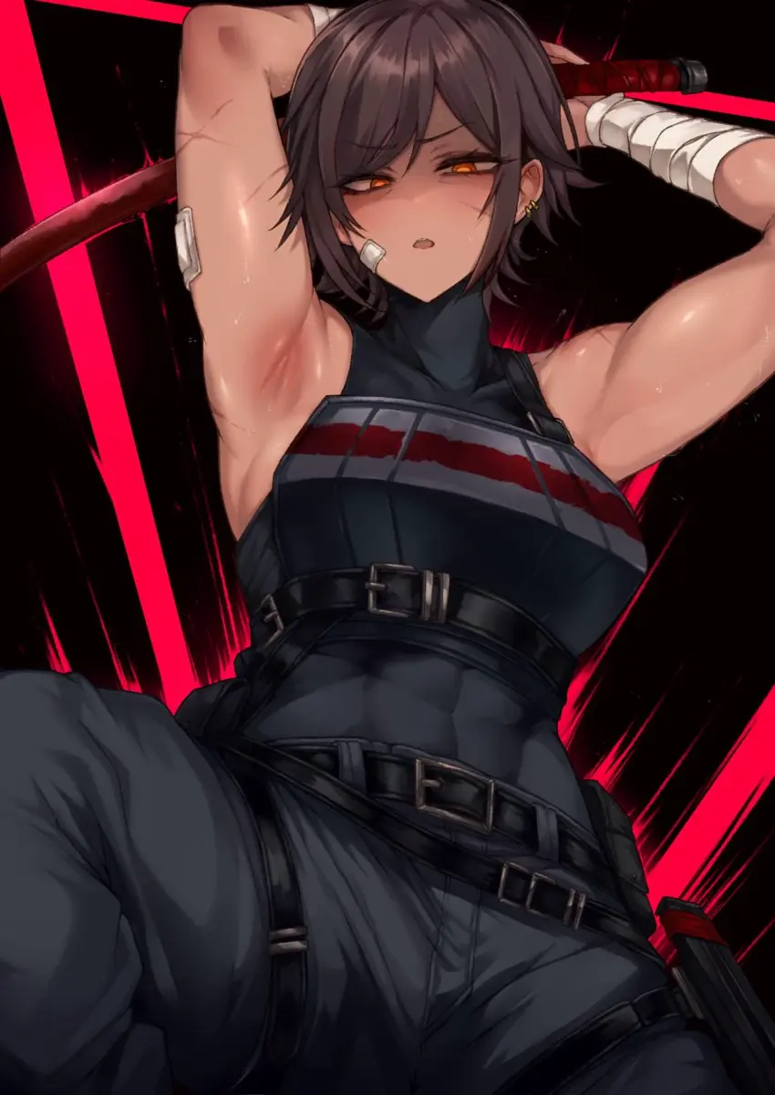 Image 1girls,clothing,female,human,short_hair,yellow_eyes,muscular,armpits,brown_hair,mature_female,dark-skinned_female,fit_female,from_below,female_human,abs,scar,athletic_female,muscular_female,tomboy,project_moon,limbus_company,outis_(limbus_company),tresmarrow