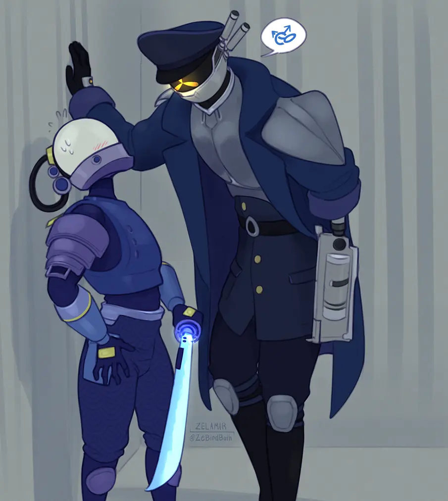 Image blush,clothed,gloves,male,humanoid,male/male,male_only,yaoi,gay,blush_lines,fully_clothed,implied_sex,armor,metallic_body,sword,helmet,blue_clothing,2020,ambiguous_species,prosthetic,kabedon,katana,prosthetic_arm,risk_of_rain,risk_of_rain_2,safe_for_work,blue_coat,obscured_eyes,obscured_face,helmet_covering_face,knee_pads,shotgun,captain_(risk_of_rain),mercenary_(risk_of_rain),zelamir,implied_gay