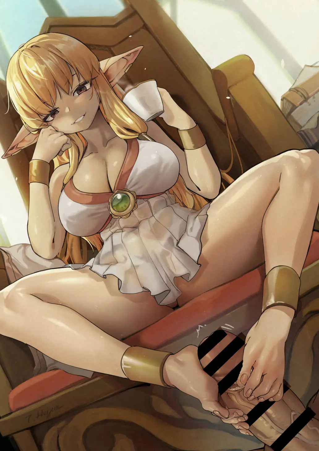 Image breasts,brown_eyes,female,highres,large_breasts,long_hair,looking_at_viewer,smile,penis,thighs,barefoot,veins,feet,cleavage,collarbone,covered_nipples,jewelry,veiny_penis,blonde_hair,spread_legs,foot_fetish,sitting,dress,elf,pointy_ears,censored,trembling,indoors,bar_censor,holding,bracelet,sousou_no_frieren,steam,large_penis,book,commission,toes,footjob,pixiv_commission,chair,bare_legs,cup,holding_book,frills,twitching_penis,holding_cup,hand_on_own_face,gold_bracelet,frilled_dress,serie_(sousou_no_frieren),hand_on_own_cheek,tamada_heijun,teacup