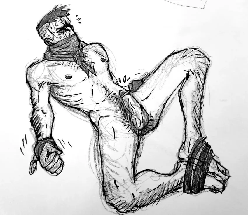 Image nipples,1boy,male,sweat,male_only,yaoi,gay,sweatdrop,bara,black_and_white,precum,legs_apart,bondage,tied,tied_up,2024,wrinkles,scrotum,older_male,struggling,tied_legs,neckerchief,leg_hair,handcuffs,obscured_eyes,obscured_face,buzz_cut,covered_mouth,rough_sketch,realistic_proportions,neckerchief_only,darkest_dungeon,highwayman_(darkest_dungeon),lanky,realistic_anatomy