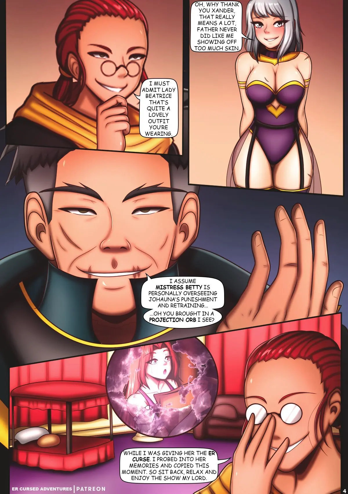 Image female,white_hair,bed,comic,magic,curse,villain,throne,throne_room,page_4,sexy_outfit,beatrice_starweller,chapter_3,drask,er_cursed_adventures,er_writer,plot,xander