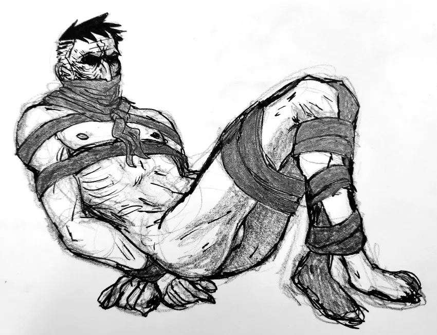 Image nipples,1boy,male,male_only,yaoi,gay,bara,black_and_white,bondage,tied,tied_up,2024,wrinkles,scrotum,older_male,struggling,tied_legs,neckerchief,leg_hair,obscured_eyes,obscured_face,buzz_cut,covered_mouth,rough_sketch,realistic_proportions,neckerchief_only,darkest_dungeon,highwayman_(darkest_dungeon),lanky,realistic_anatomy