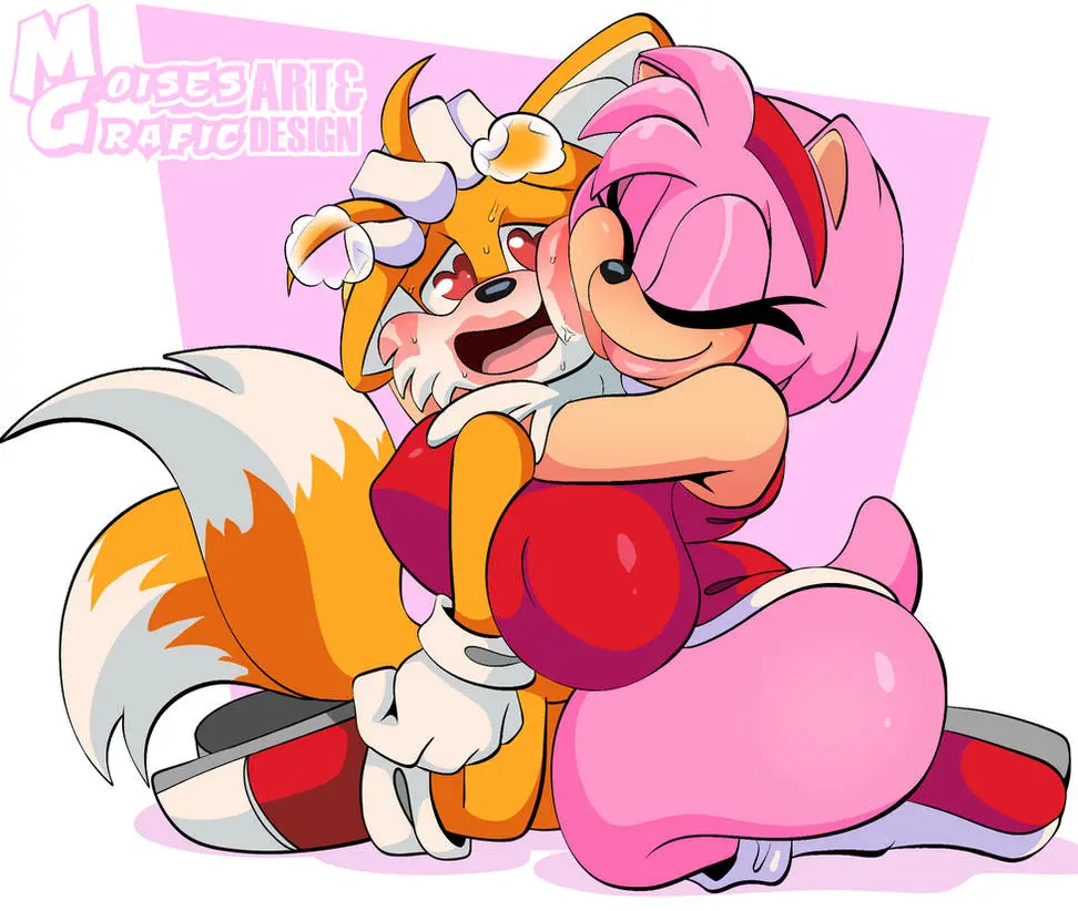 Image big_breasts,breasts,female,male,anthro,footwear,lipstick,amy_rose,sonic_(series),sonic_the_hedgehog_(series),handwear,between_breasts,wholesome,hugging,older_female,younger_male,kiss_mark,heart_eyes,smothering,tails,tails_the_fox,exposed_torso,in_love,moisesgrafic