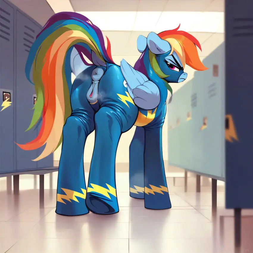 Image female,pussy,ass,ai_generated,genitals,steam,bodysuit,friendship_is_magic,my_little_pony,animal_genitalia,rainbow_dash_(mlp),pegasus,pony,locker_room,puffy_anus,ripped_clothing,wonderbolts_(mlp),ai_clothes,vagina_peek,wonderbolts_uniform