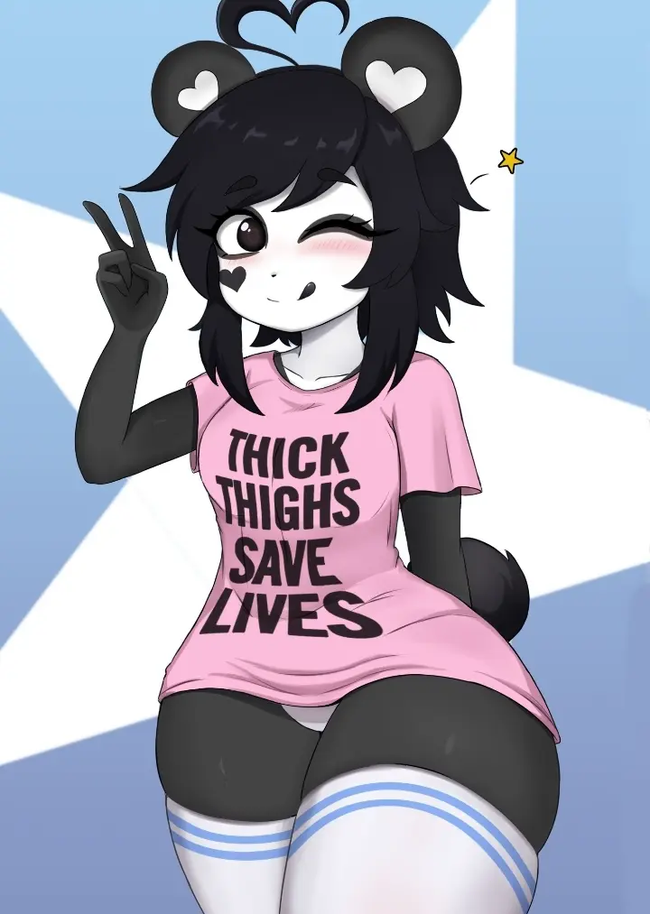 Image blush,female,female_only,solo,black_hair,short_hair,white_legwear,furry,thick_thighs,anthro,one_eye_closed,wink,original,original_character,short_sleeves,oc,furry_only,female_anthro,furry_tail,v,pink_clothing,panda,arm_behind_back,white_thighhighs,female_furry,pink_shirt,v_sign,short,white_face,sleeptopi,black_and_white_body,heart_ears,kenny_(kenashcorp),panda_ears,star_background,two_tone_legwear