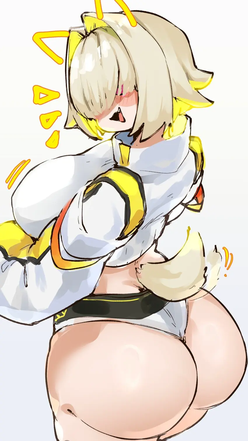 Image 1girls,big_breasts,blush,breasts,female,female_only,large_breasts,open_mouth,solo,tail,ass,big_ass,big_butt,looking_back,thick_thighs,thighs,multicolored_hair,wide_hips,solo_female,solo_focus,fat_ass,blonde_hair,goddess_of_victory:_nikke,large_ass,yellow_hair,elegg_(nikke),hair_over_eyes,crr001