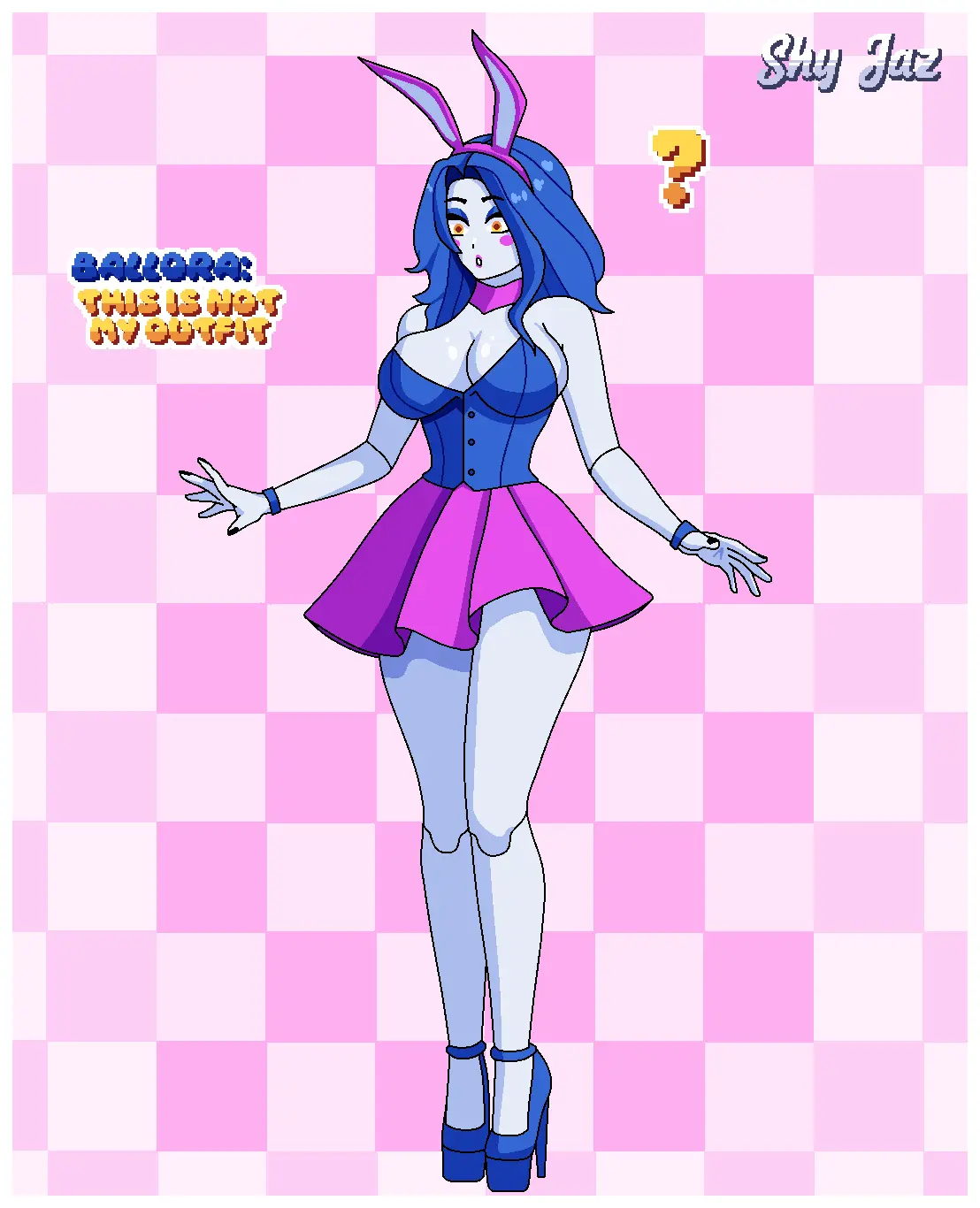 Image blush,breasts,female,simple_background,solo,standing,blue_hair,yellow_eyes,choker,text,bunny_ears,medium_hair,skirt,heels,eyeshadow,lipstick,bunnysuit,robot,robot_girl,vest,five_nights_at_freddy's,animatronic,pink_lipstick,pink_skirt,blue_eyeshadow,five_nights_at_freddy's:_sister_location,blue_vest,blue_heels,ballora,ballora_(fnafsl),shy_jaz