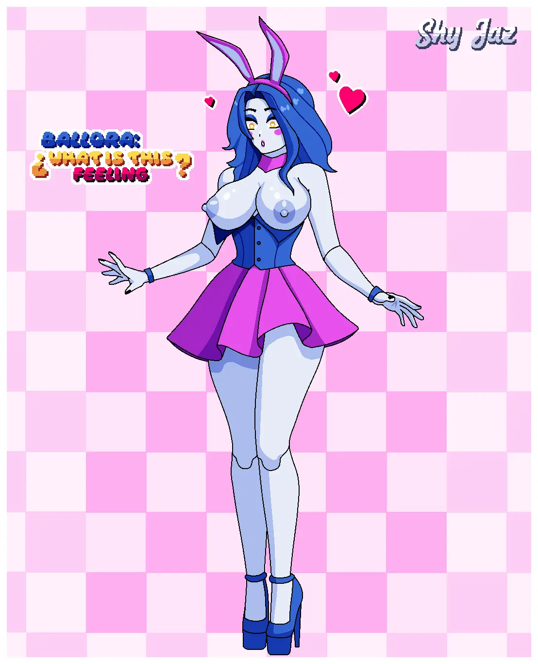 Image blush,breasts,exposed_breasts,female,simple_background,solo,standing,blue_hair,yellow_eyes,choker,text,bunny_ears,excited,medium_hair,skirt,heels,eyeshadow,heart,lipstick,bunnysuit,exposed,robot,robot_girl,heart_eyes,vest,five_nights_at_freddy's,animatronic,pink_lipstick,pink_skirt,blue_eyeshadow,five_nights_at_freddy's:_sister_location,blue_vest,blue_heels,ballora,ballora_(fnafsl),shy_jaz