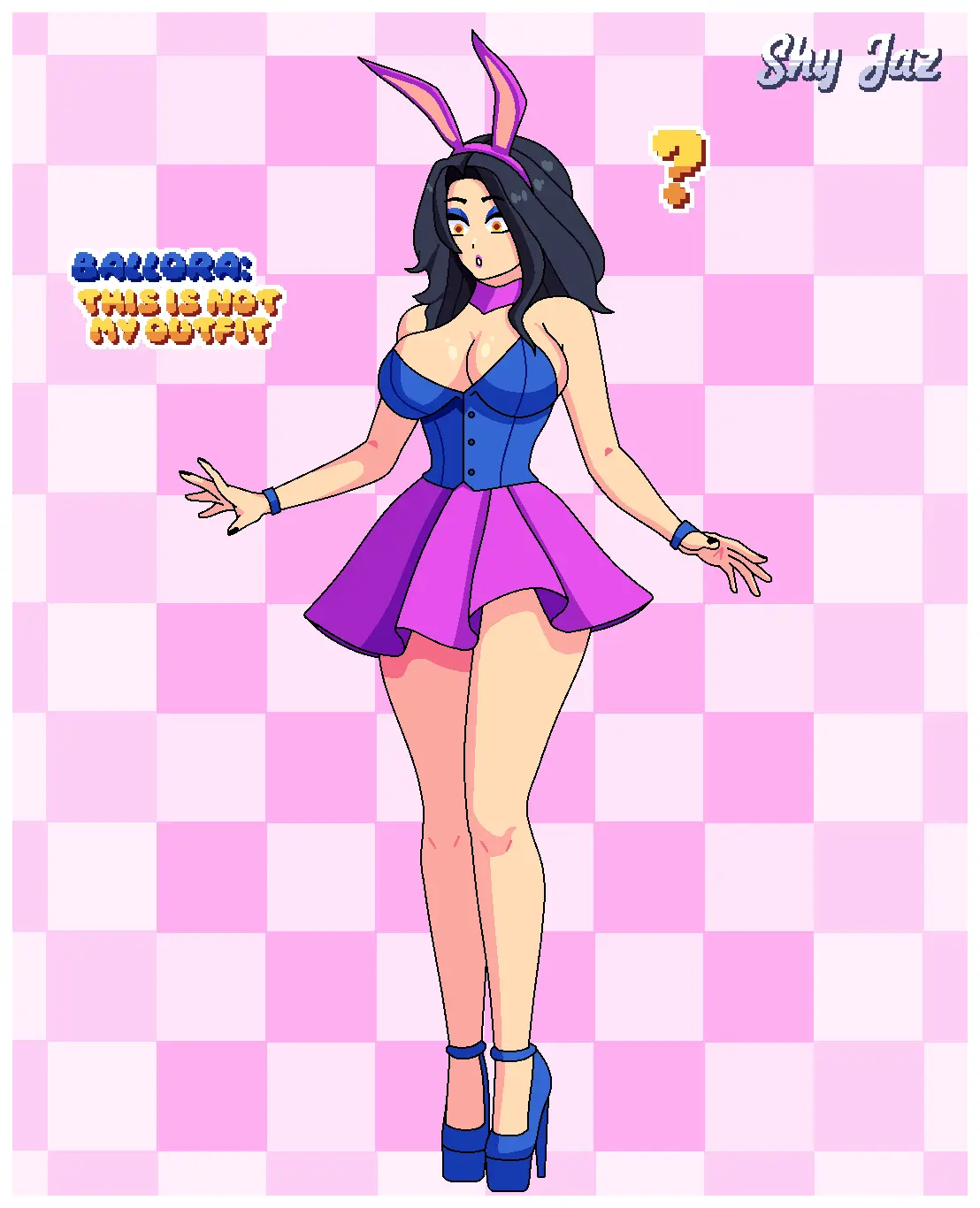 Image blush,breasts,female,human,simple_background,solo,standing,black_hair,yellow_eyes,choker,text,bunny_ears,medium_hair,skirt,heels,eyeshadow,lipstick,bunnysuit,vest,five_nights_at_freddy's,pink_lipstick,pink_skirt,blue_eyeshadow,five_nights_at_freddy's:_sister_location,blue_vest,blue_heels,ballora,ballora_(fnafsl),shy_jaz