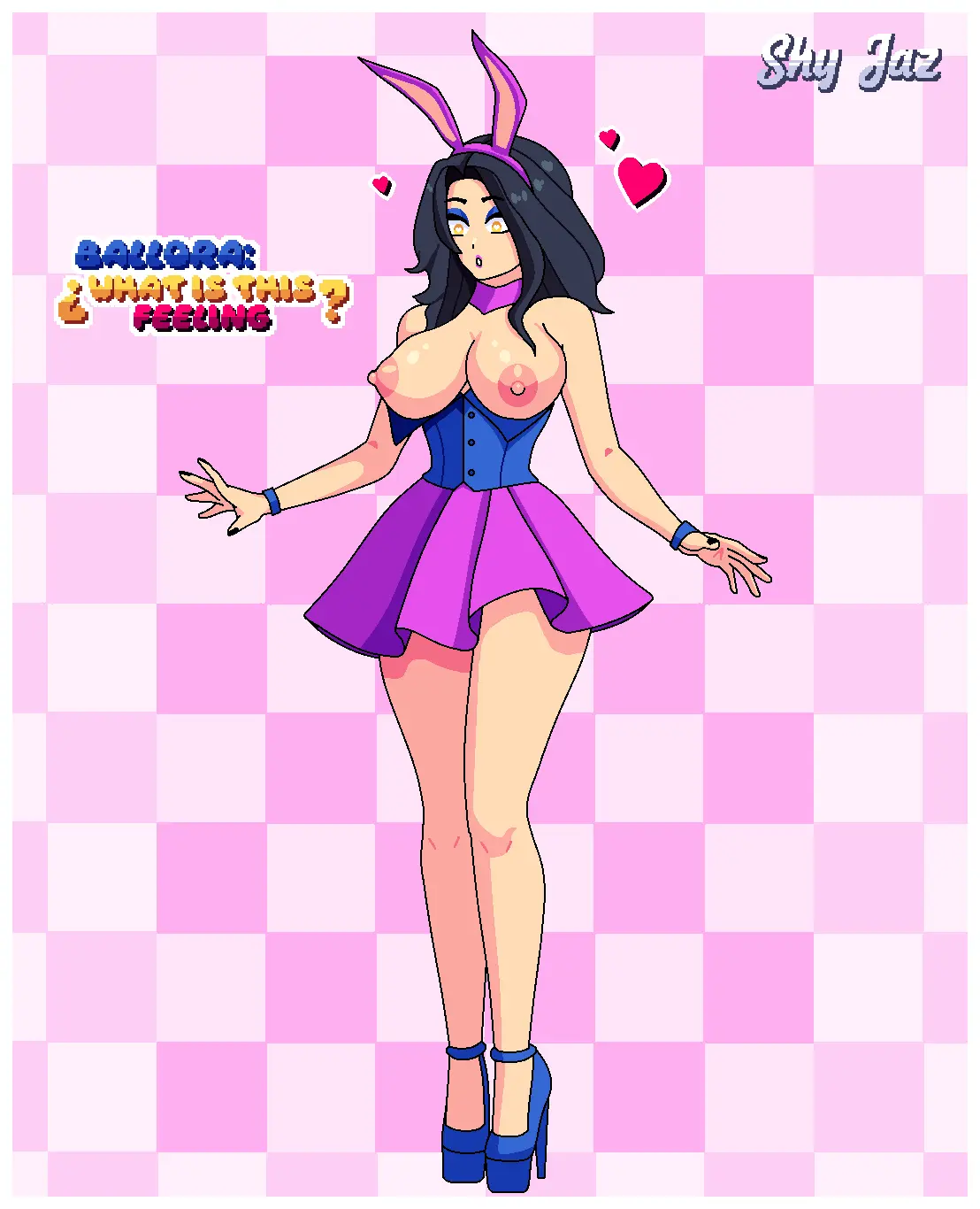 Image blush,breasts,exposed_breasts,female,human,simple_background,solo,standing,black_hair,yellow_eyes,choker,text,bunny_ears,excited,medium_hair,skirt,heels,eyeshadow,heart,lipstick,bunnysuit,exposed,heart_eyes,vest,five_nights_at_freddy's,pink_lipstick,pink_skirt,blue_eyeshadow,five_nights_at_freddy's:_sister_location,blue_vest,blue_heels,ballora,ballora_(fnafsl),shy_jaz