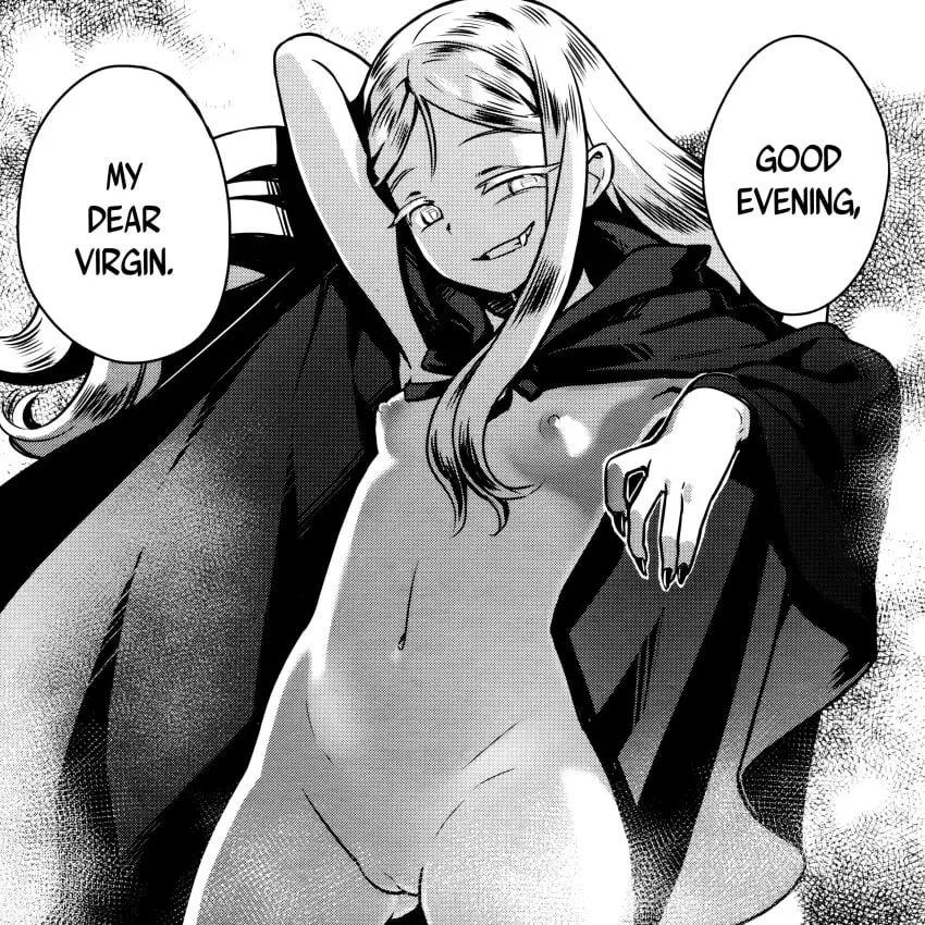 Image 1girls,breasts,exposed_breasts,female,female_only,hi_res,looking_at_viewer,nipples,solo,standing,pussy,small_breasts,areolae,belly,teeth_showing,text,pose,smug,vampire,monochrome,english_text,exposed,exposed_pussy,black_nails,smug_face,smug_smile,cloak,774_(nanashi),yupiel,yupiel-sama_no_geboku