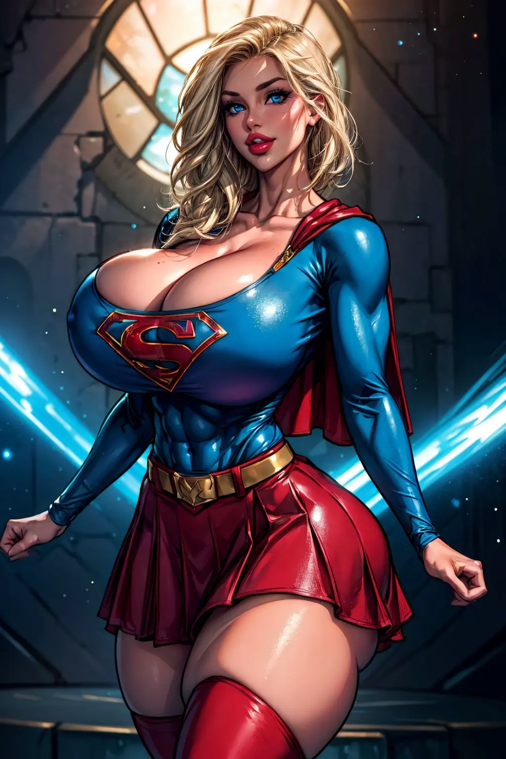 Image 1girls,big_breasts,breasts,female,female_only,solo,blue_eyes,thick_thighs,ai_generated,cleavage,solo_female,huge_breasts,busty,skirt,cape,dc,dc_comics,thick_lips,blonde_female,superheroine,superhero_costume,blonde,supergirl,bythebrokenone,superman_(series),kryptonian