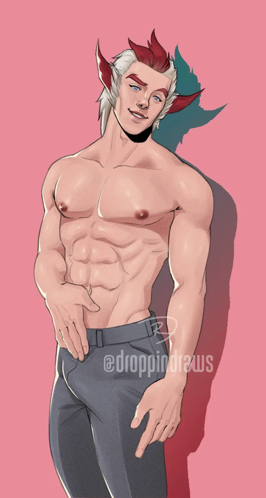 Image clothing,hi_res,highres,looking_at_viewer,nipples,1boy,male,2021,muscular,muscular_male,male_only,yaoi,bara,bulge,male_nipples,penis_outline,league_of_legends,riot_games,rakan,droppindraws