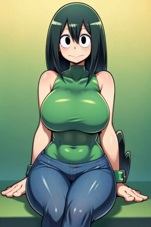Image breasts,female,looking_at_viewer,simple_background,ai_generated,huge_breasts,my_hero_academia,green_hair,jeans,tsuyu_asui
