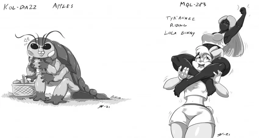 Image female,athletic,original_character,insects,athletic_female,alien,alien_girl,looney_tunes,warner_brothers,alien_humanoid,lola_bunny,duck_dodgers,martian,martian_(duck_dodgers),queen_tyr'ahnee,legs_wrapped_around_head,riding_on_shoulder,sitting_on_shoulders,isopod,souleatersaku90