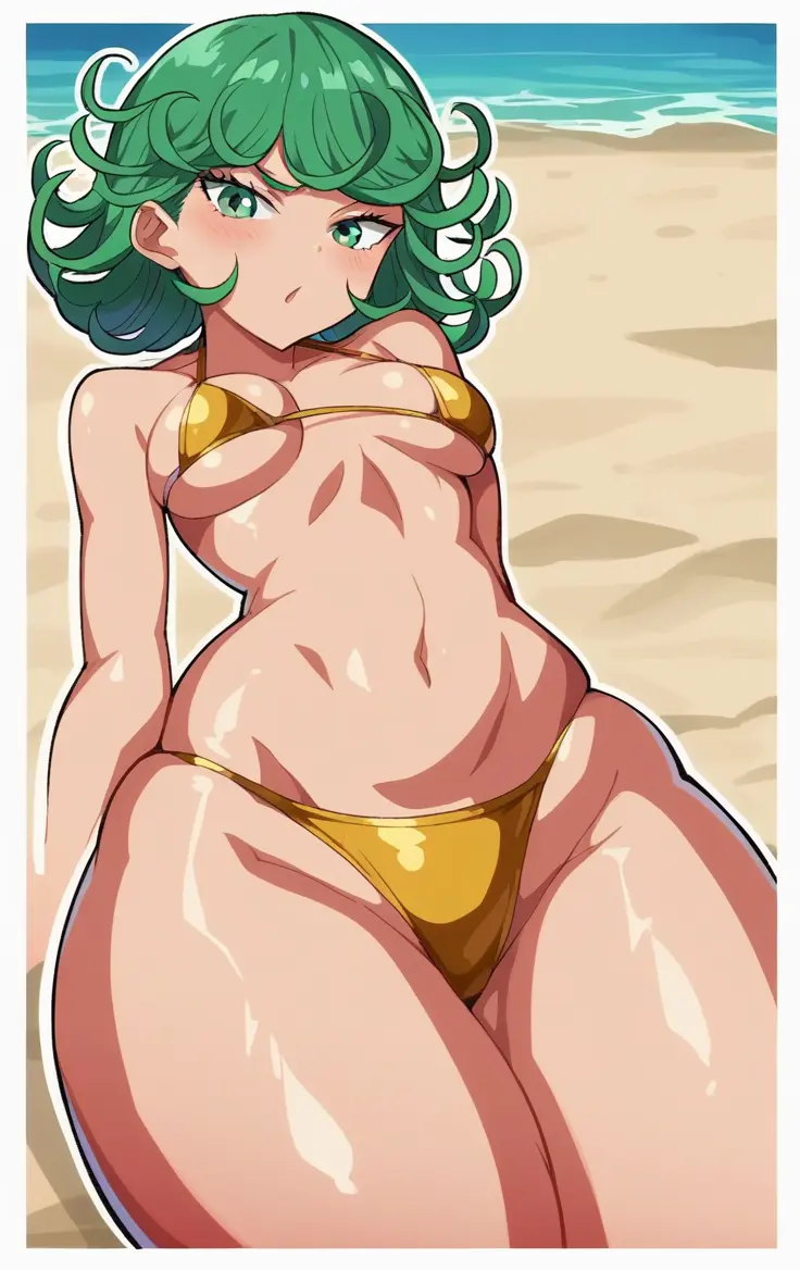 Image 1girls,breasts,female,female_only,solo,short_hair,bikini,thick_thighs,beach,ai_generated,green_eyes,medium_breasts,green_hair,bikini_top,bikini_bottom,one-punch_man,tatsumaki,beach_background,ashaa,outline,golden_bikini,laying_on_ground