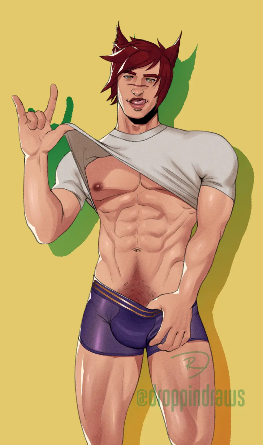 Image clothing,hi_res,highres,looking_at_viewer,nipples,1boy,male,red_hair,underwear,2021,muscular,muscular_male,male_only,yaoi,pubic_hair,bara,bulge,erection_under_clothes,male_nipples,penis_outline,male_pubic_hair,league_of_legends,scar,big_bulge,riot_games,sett,droppindraws