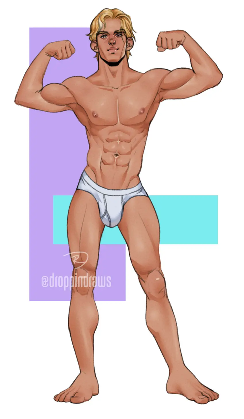 Image hi_res,highres,nipples,1boy,male,underwear,2021,muscular,muscular_male,male_only,yaoi,blonde_hair,bara,bulge,male_nipples,briefs,flexing_bicep,droppindraws